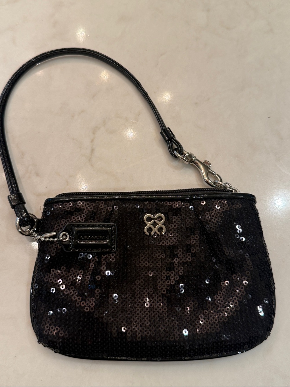 Coach Black Sequin Wristlet with Silver Hardware